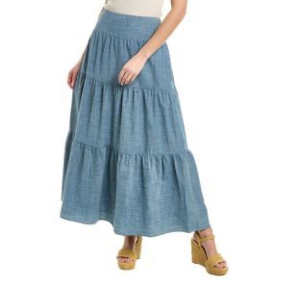 J.McLaughlin Ophelia Cotton Chambray Tiered‎ Maxi Skirt Fairy Cottagecore XS EUC